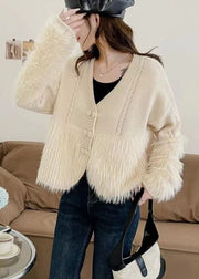 Women Apricot V Neck Patchwork Mink Hair Knitted Cardigan Fall