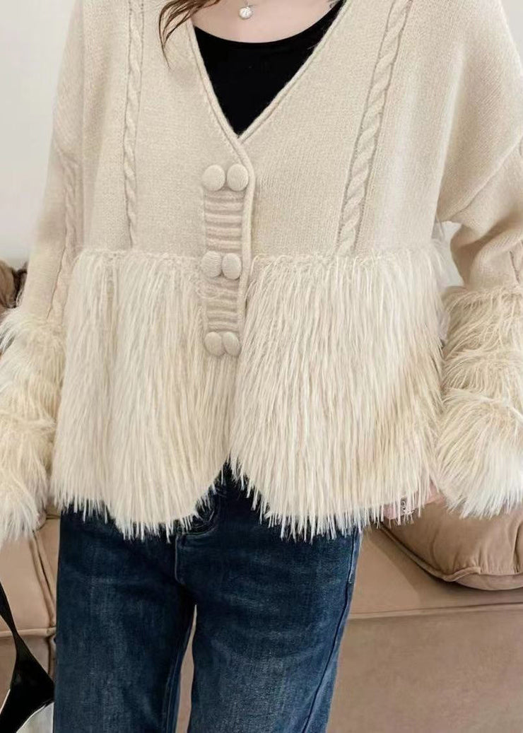 Women Apricot V Neck Patchwork Mink Hair Knitted Cardigan Fall