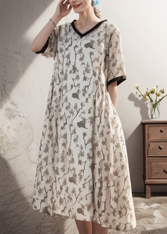 Women Apricot V Neck Print Patchwork Plus Size Silk Dress Summer