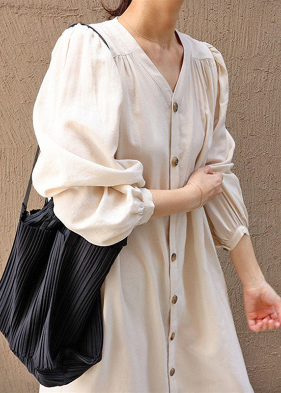 Women Apricot V Neck Wrinkled Patchwork Cotton Dresses Lantern Sleeve