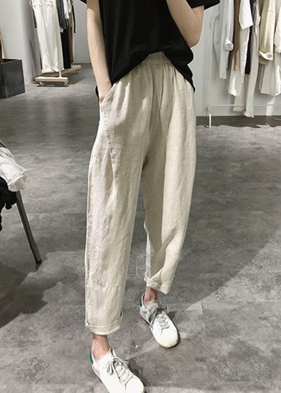 Women Apricot Wrinkled Pockets Elastic Waist Linen Crop Pants Summer