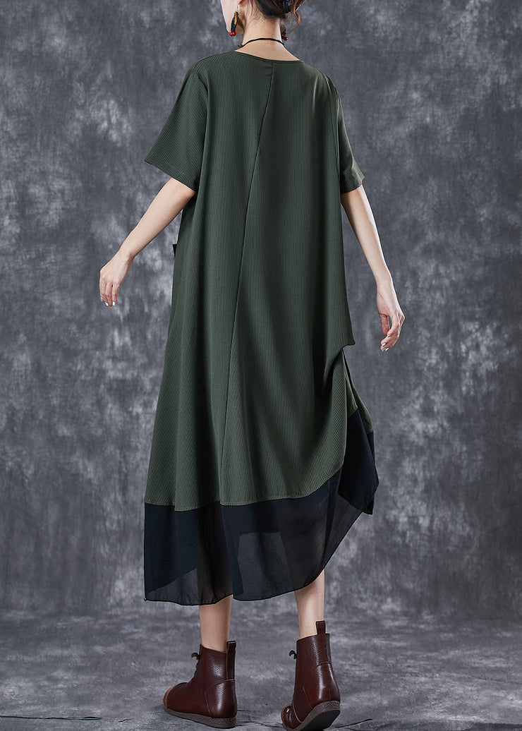 Women Army Green Cinched Patchwork Chiffon Maxi Dresses Summer