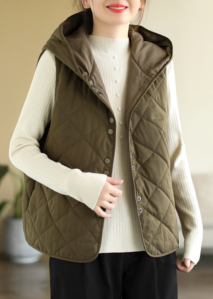 Women Army Green Hooded Button Pockets Cotton Filled Waistcoat Sleeveless