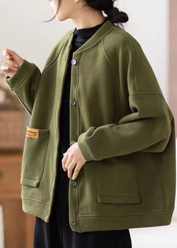 Women Army Green O-Neck Pockets Patchwork O-Neck Fleece Coat Winter