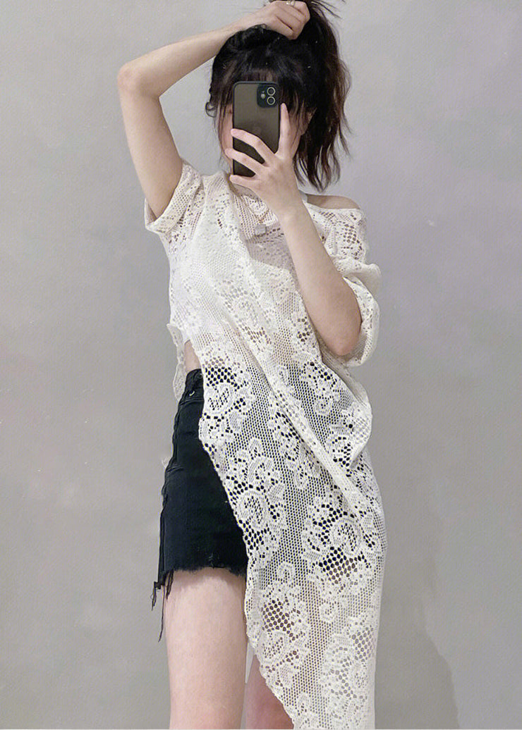 Women Beige Asymmetrical Hollow Out Lace Tops Summer