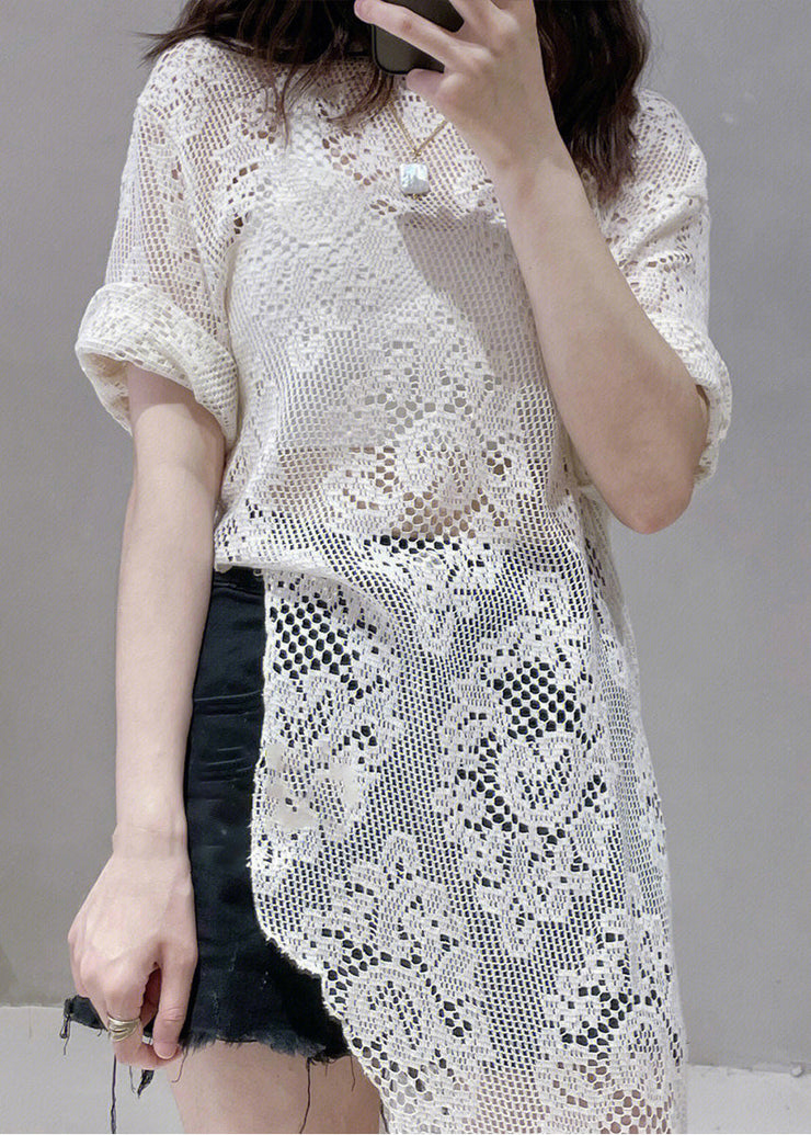 Women Beige Asymmetrical Hollow Out Lace Tops Summer