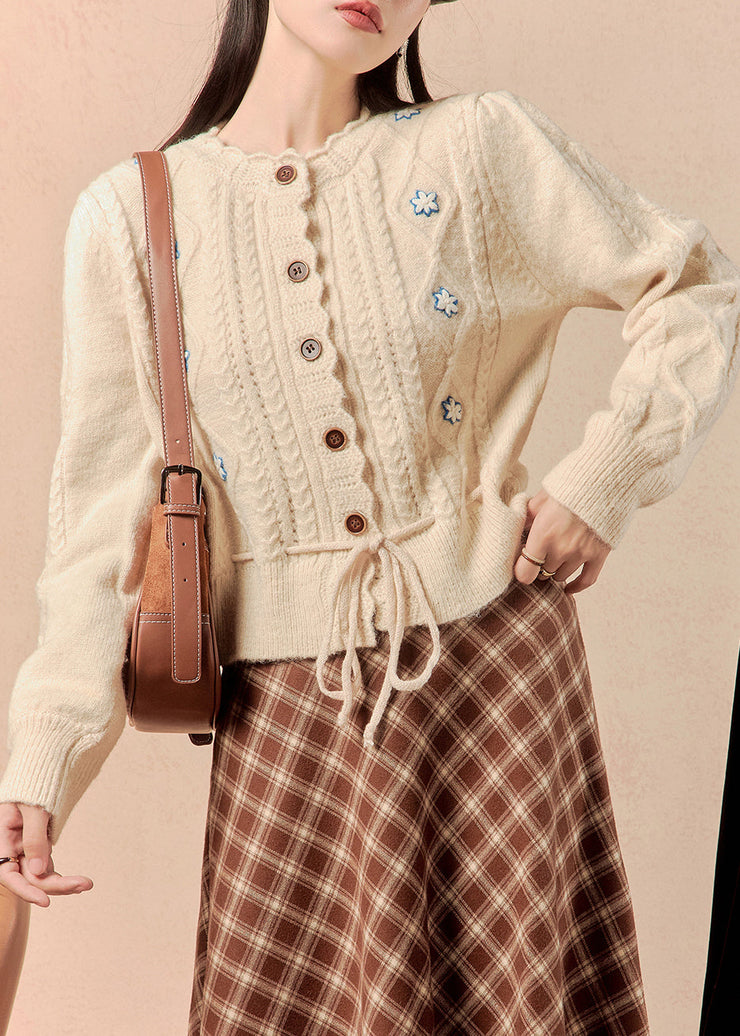 Women Beige Button Lace Up Knit Sweater Winter