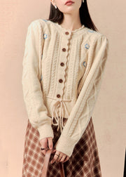 Women Beige Button Lace Up Knit Sweater Winter