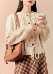 Women Beige Button Lace Up Knit Sweater Winter