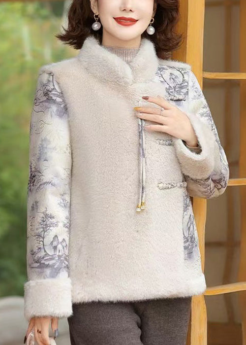 Women Beige Button Patchwork Mink Velvet Coats Winter