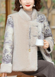 Women Beige Button Patchwork Mink Velvet Coats Winter