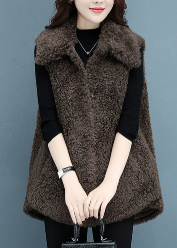 Women Beige Button Pockets Teddy Faux Fur Waistcoat Sleeveless