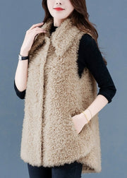 Women Beige Button Pockets Teddy Faux Fur Waistcoat Sleeveless