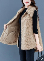 Women Beige Button Pockets Teddy Faux Fur Waistcoat Sleeveless