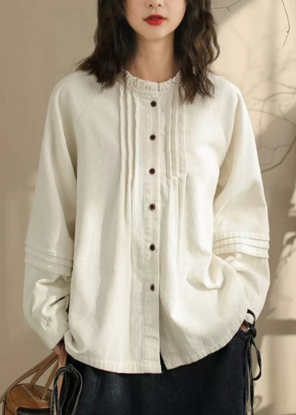 Women Beige Button Wrinkled Corduroy Blouses Spring