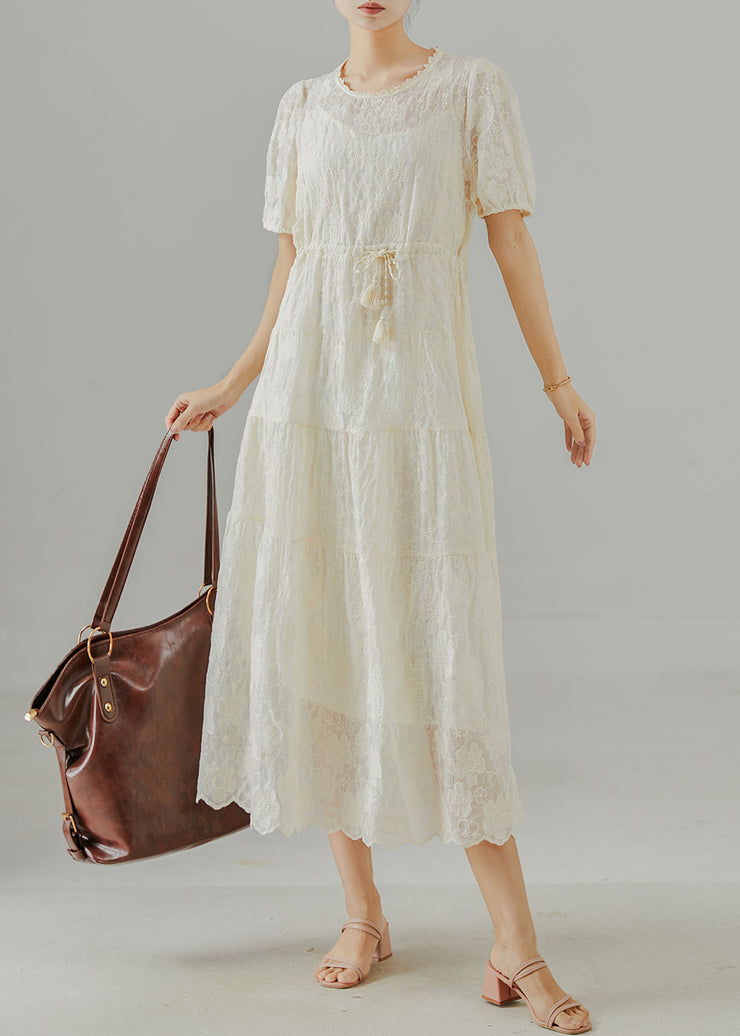 Women Beige Embroidered Cotton Cinched Dress Summer