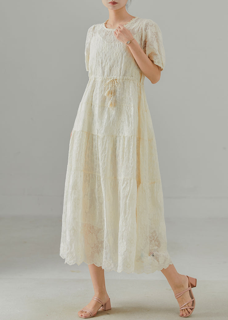 Women Beige Embroidered Cotton Cinched Dress Summer