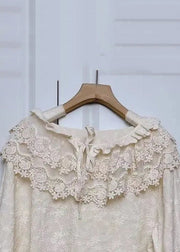 Women Beige Embroideried Lace Patchwork Cotton Shirt Spring