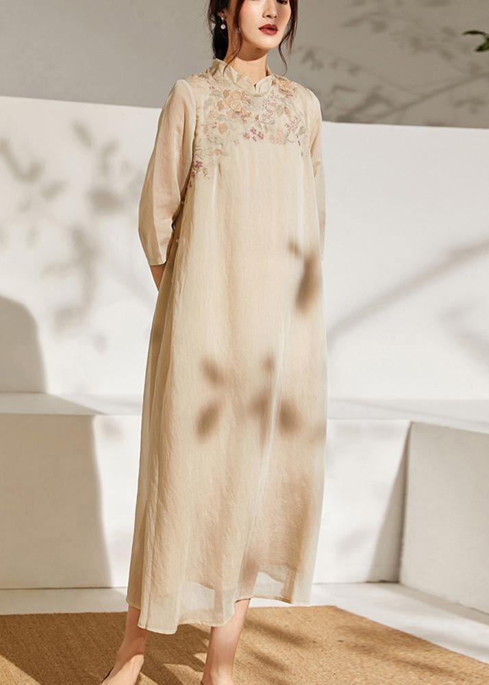 Women Beige Embroidered Patchwork Button Summer Long Dress