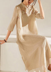 Women Beige Embroidered Patchwork Button Summer Long Dress