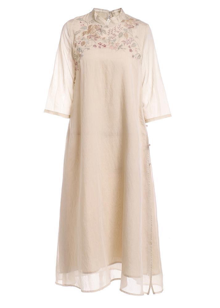 Women Beige Embroidered Patchwork Button Summer Long Dress