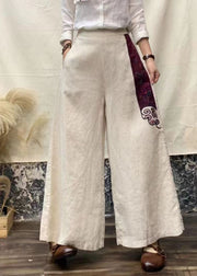 Women Beige Embroideried Pockets Patchwork Linen Pants Fall