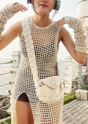 Women Beige Hollow Out Side Open Knit Dress Summer