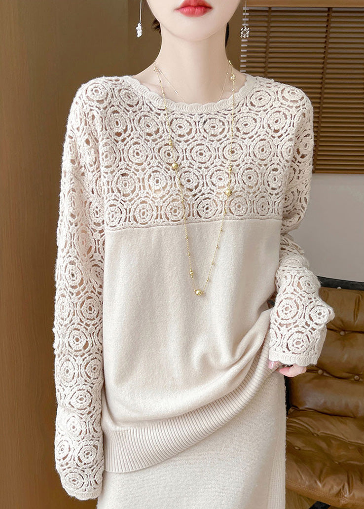 Women Beige Hollow Out Solid Wool Knit Sweater Winter