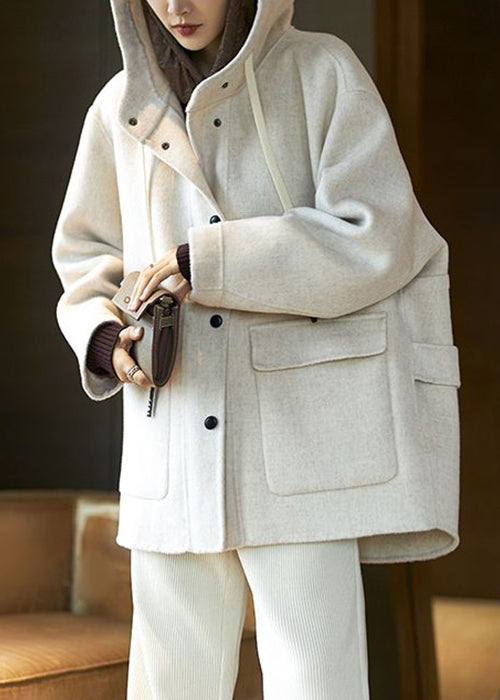 Women Beige Hooded Pockets Patchwork Wool Coat Spring