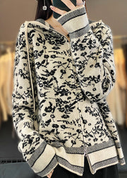 Women Beige Hooded Zippered Print Wool Knit Coat Long Sleeve