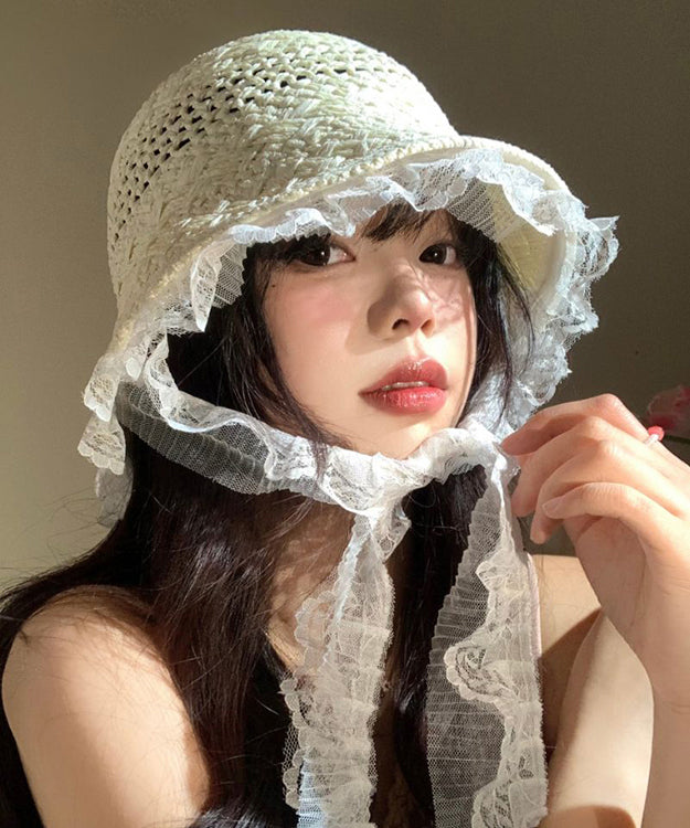 Women Beige Lace Hollow Out Straw Woven Floppy Sun Hat