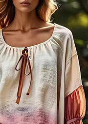 Women Beige Lace Up Patchwork Cotton Tops Fall