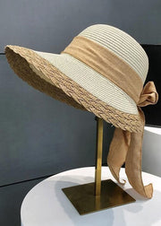 Women Beige Lace Up Patchwork Straw Woven Bucket Hat