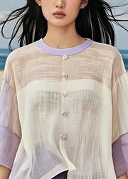 Women Beige O Neck Button Patchwork Cotton Shirt Half Sleeve