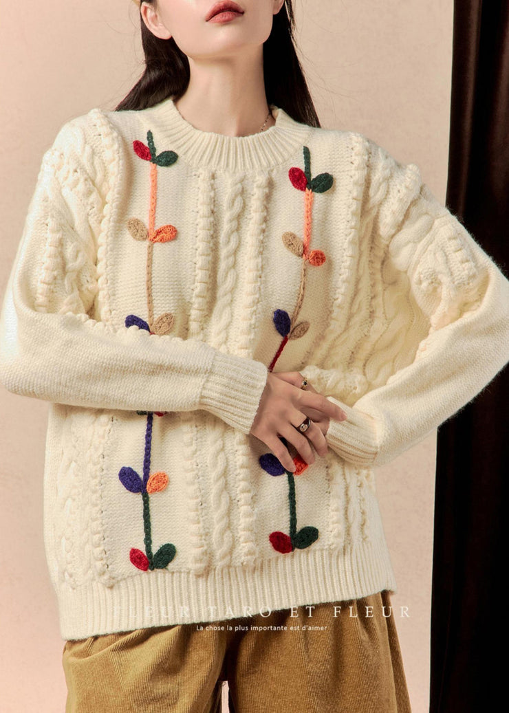 Women Beige O Neck Cozy Cable Knit Sweater Winter