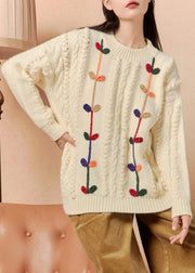 Women Beige O Neck Cozy Cable Knit Sweater Winter