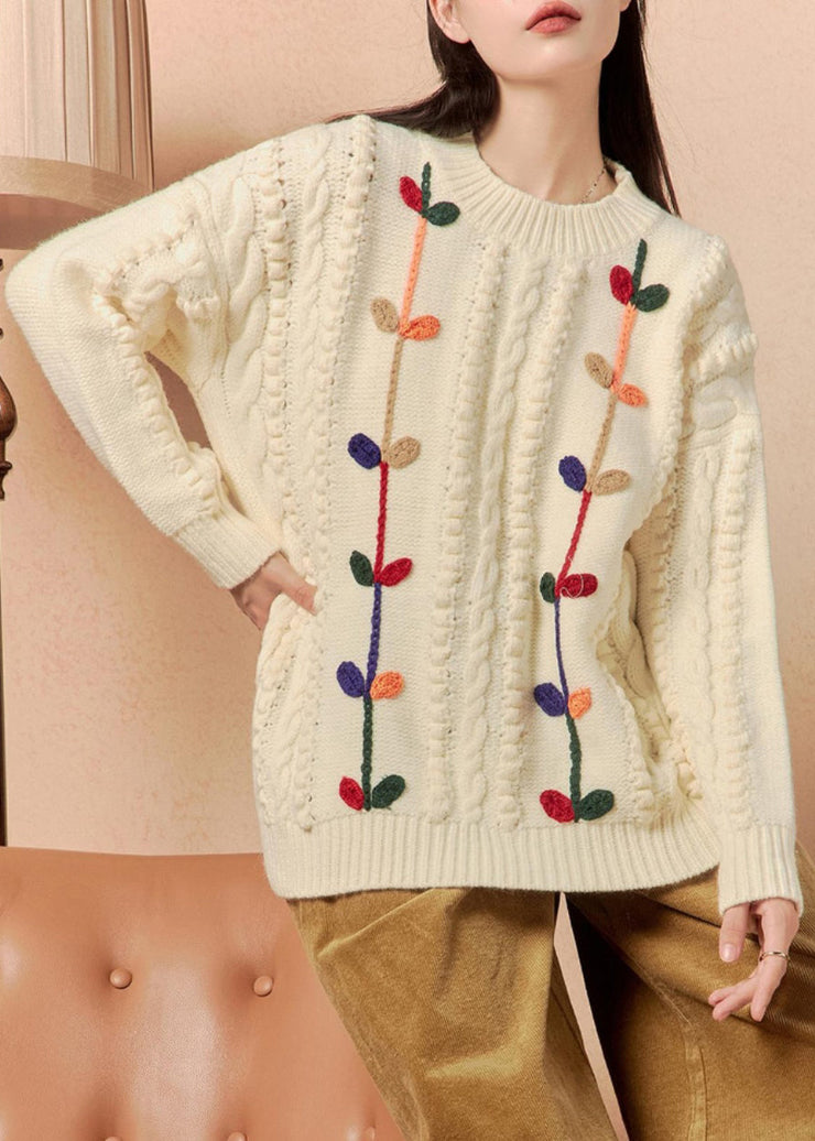 Women Beige O Neck Cozy Cable Knit Sweater Winter