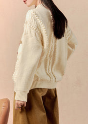 Women Beige O Neck Cozy Cable Knit Sweater Winter