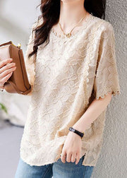 Women Beige O Neck Embroideried Patchwork Chiffon Shirts Summer