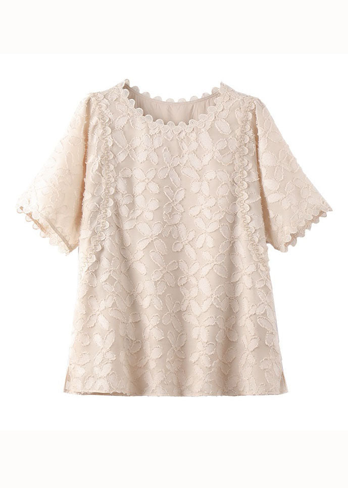 Women Beige O Neck Embroideried Patchwork Chiffon Shirts Summer