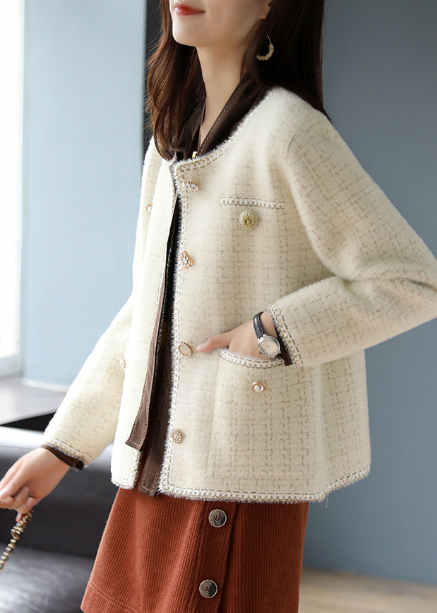 Women Beige O-Neck Plaid Cotton Coats Spring