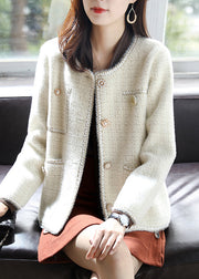 Women Beige O-Neck Plaid Cotton Coats Spring