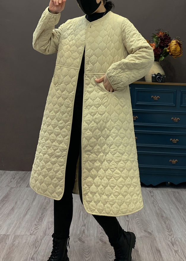 Women Beige O Neck Pockets Fine Cotton Filled Coat Winter