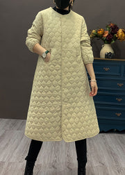 Women Beige O Neck Pockets Fine Cotton Filled Coat Winter