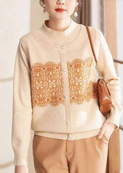 Women Beige O Neck Print Patchwork Woolen Sweater Spring