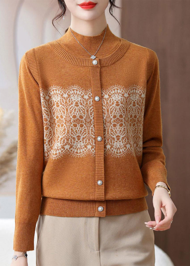 Women Beige O Neck Print Patchwork Woolen Sweater Spring