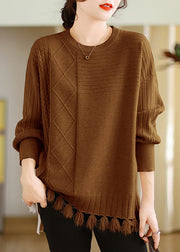 Women Beige O-Neck Tasseled Cotton Knit Tops Long Sleeve