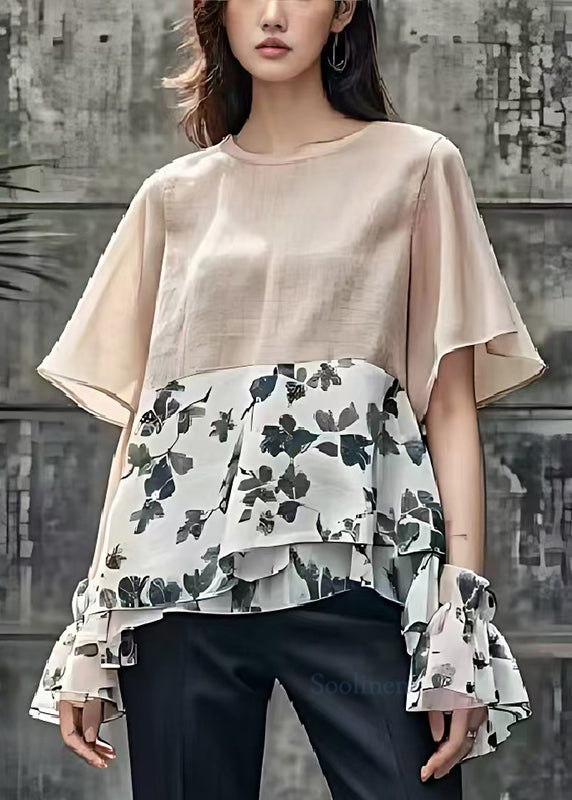 Women Beige Oversized Patchwork Print Cotton Top Summer