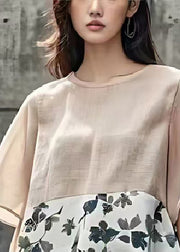 Women Beige Oversized Patchwork Print Cotton Top Summer