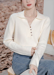 Women Beige Peter Pan Collar Button Knit Sweater Spring